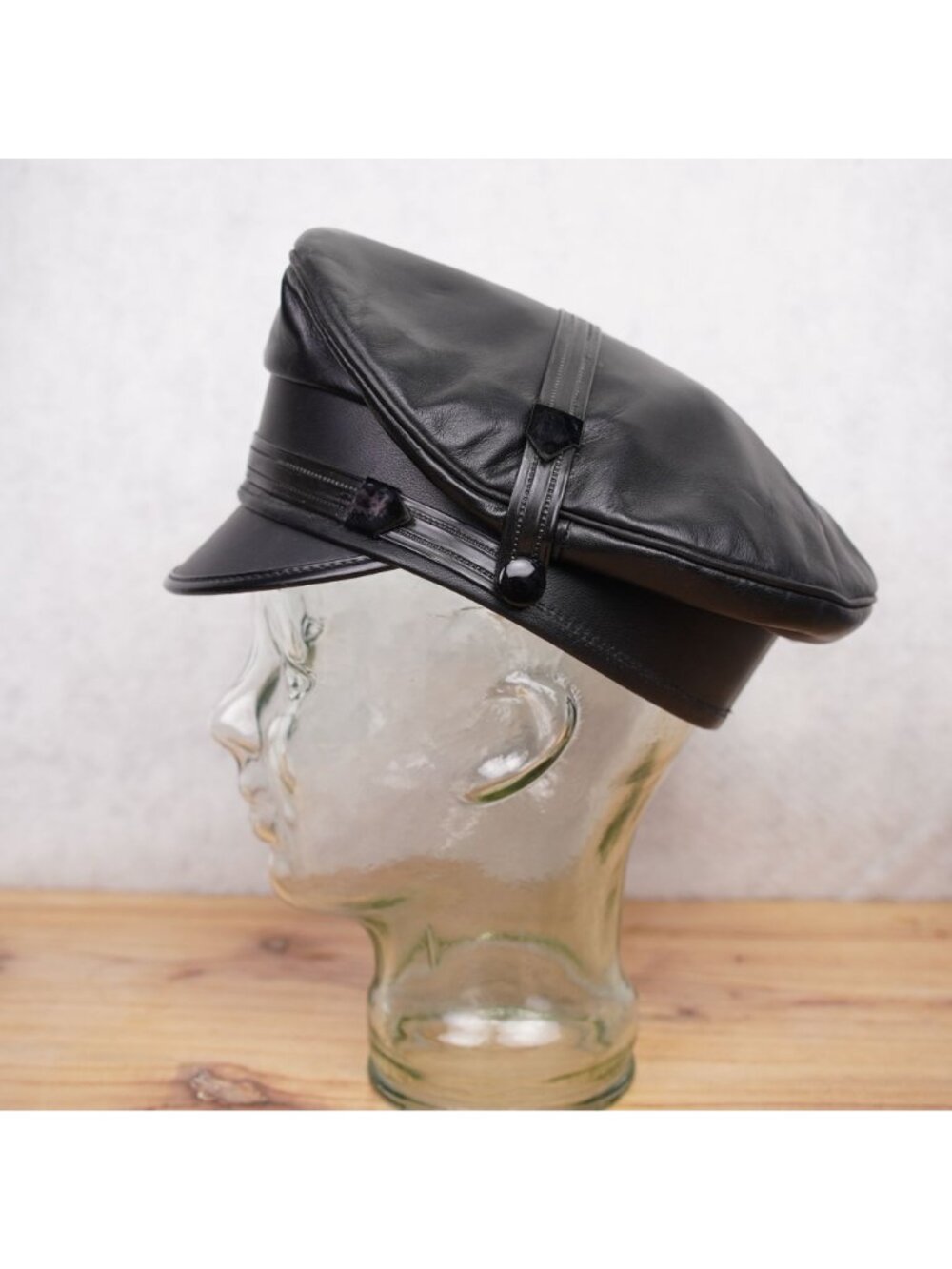 Vintage Genuine Leather Black Army Muir Biker Peakerd Police Cap Hat Union Made - Picture 3 of 12